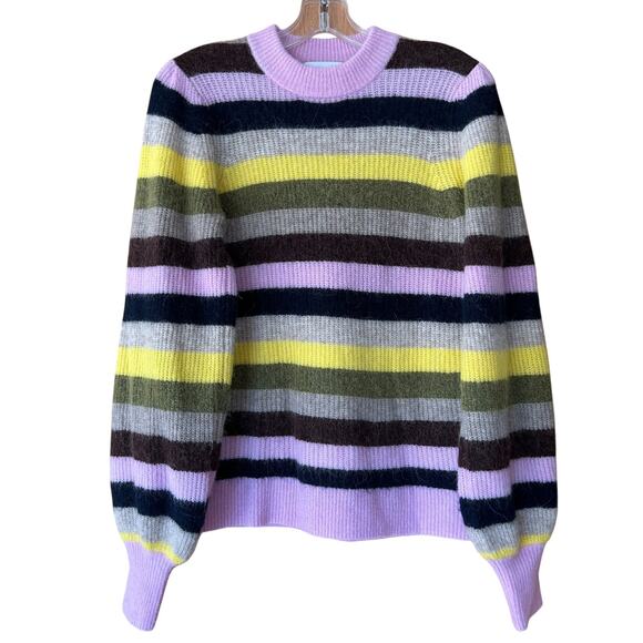 GANNI Striped Alpaca Merino Wool Sweater Lilac Yellow Puff Sleeve Knit Size S - Picture 10 of 10